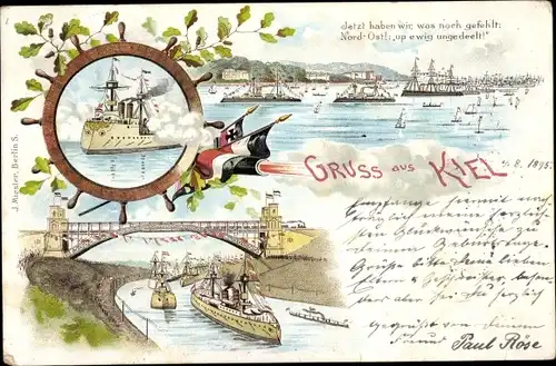 Vorläufer Litho Ak Hansestadt Kiel, Gruß vom Kaiser-Wilhelm-Kanal, Flaggen, Salutschuß