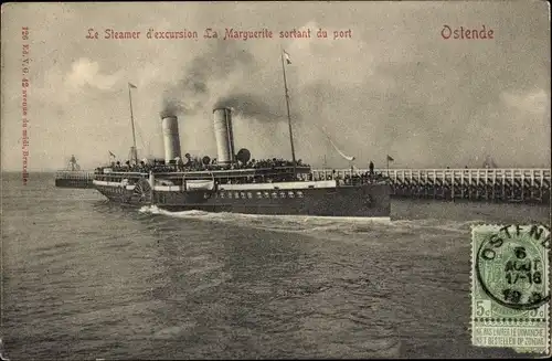 Ak Oostende Ostende Westflandern, Ausflugsdampfer La Marguerite, Hafenausfahrt