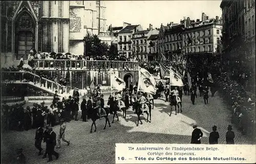 Ak Bruxelles Brüssel, Anniversaire de l'Independance Belge, Cortege des Drapeaux, Tete Mutuellistes
