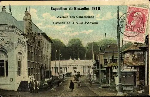 Ak Bruxelles Brüssel, Exposition 1910, Avenue des Concessions, Pavillon de la Ville d'Anvers