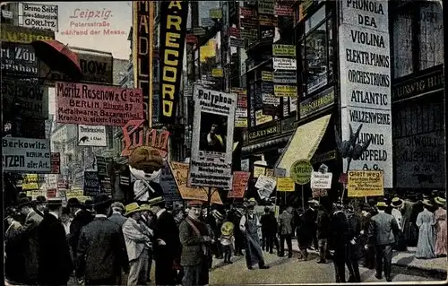 Ak Leipzig in Sachsen, Petersstraße während der Messe, Reklameschilder, Geschäfte
