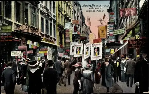Ak Leipzig in Sachsen, Petersstraße während der Engros Messe, Reklameschilder