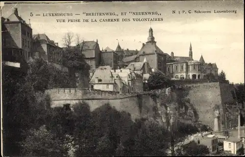 Ak Luxemburg Luxembourg, Breitenweg, Neuenweg, Vue prise de la Caserne des Volontaires