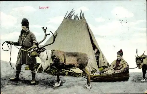Ak Norwegen, Lappländer mit Rentieren, Zugschlitten, Zelt