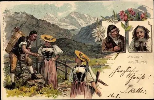 Litho Einwohner der Schweiz in den Bergen, Hut, Blumen, Alpen, Berner Oberland