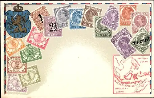 Briefmarken Wappen Ak Niederländisch-Indien, Indischer Ozean, Australien