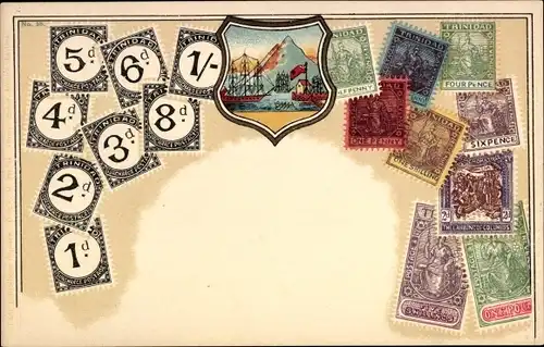 Briefmarken Litho Trinidad Tobago, Bergspitze, Segelschiff
