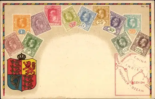 Briefmarken Wappen Ak Ceylon, Sri Lanka, Englische Kolonie
