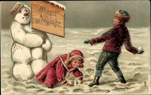 Präge Ak Glückwunsch Neujahr, Schneeballschlacht, Schneemann