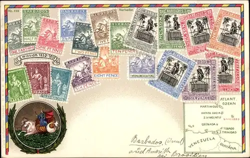 Briefmarken Wappen Litho Barbados, Atlantischer Ozean, Venezuela