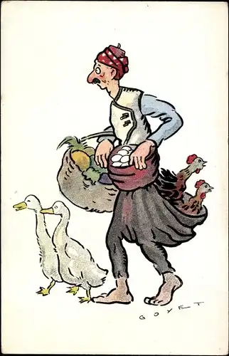 Künstler Ak Goyet, Thessaloniki Griechenland, Händler in Tracht, Geflügel
