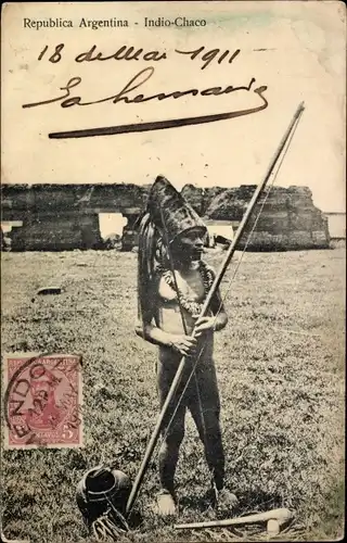 Ak Argentinien, Indio-Chaco, Krieger, Volkstracht