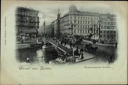 Mondschein Ak Berlin Mitte, Weidendammer Brücke