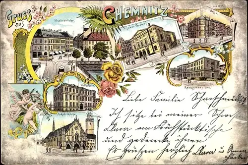 Litho Chemnitz Sachsen, Nikolaibrücke, Städtisches Theater, Börse, Realgymnasium, Jakobikirche