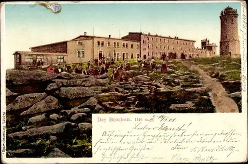 Ak Brocken Nationalpark Harz, Brockenhotel, Brockenturm, Felsformation Teufelskanzel