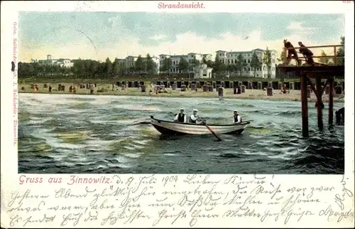 Ak Ostseebad Zinnowitz auf Usedom, Strandansicht, Ruderboot