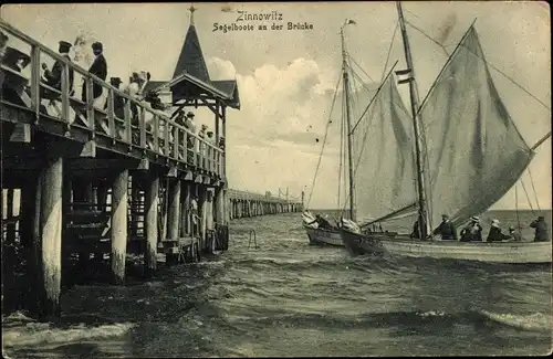 Ak Ostseebad Zinnowitz auf Usedom, Segelboote an der Brücke