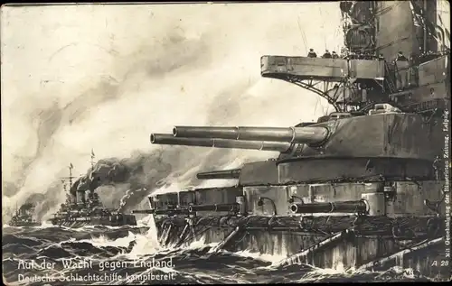 Künstler Ak Stöwer, Willy, Deutsche Kriegsschiffe, Auf der Wacht gegen England, Schlachtschiffe