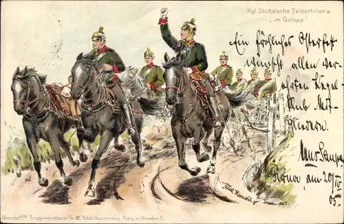 Künstler Litho Henckel, Carl, Königlich Sächsische Feldartillerie im Galopp