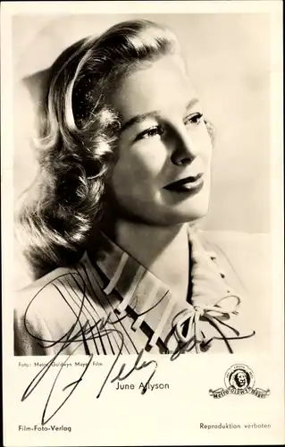 Ak Schauspielerin June Allyson, Portrait, Autogramm