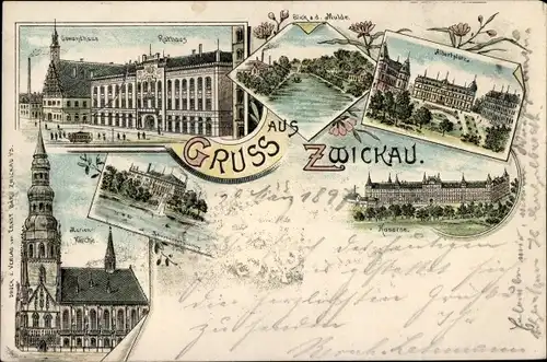 Litho Zwickau in Sachsen, Rathaus, Gewandhaus, Marienkirche, Albertplatz, Kaserne