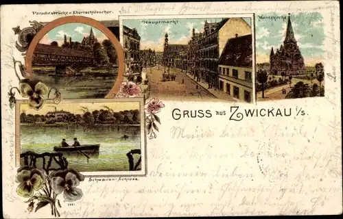 Litho Zwickau, Paradiesbrücke, Ebertschlösschen, Hauptmarkt, Moritzkirche, Schwanenschloss