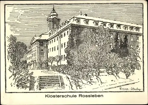 Künstler Ak Roßleben an der Unstrut Kyffhäuserkreis, Klosterschule im Winter