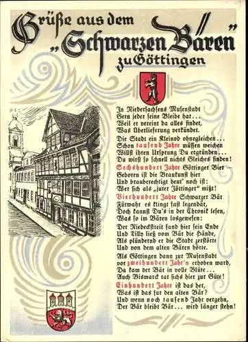 Ak Göttingen in Niedersachsen, historische Gaststätte Schwarzer Bär, Gedicht