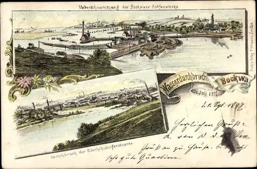 Litho Bockwa Zwickau in Sachsen, Dammbruch 1897, Wasserdurchbruch, Bockwaer Kohlenwerke