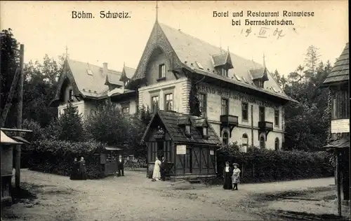 Ak Hřensko Herrnskretschen Elbe Region Aussig, Hotel-Restaurant Rainwiese