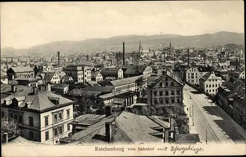 Ak Liberec Reichenberg in Böhmen, Totalansicht, Bahnhof