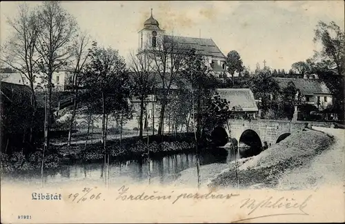 Ak Libštát Liebstadtl Region Reichenberg, Fluss, Brücke, Kirche