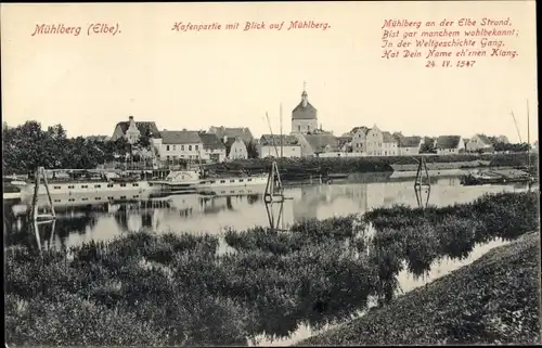 Ak Mühlberg an der Elbe, Hafenpartie mit Blick auf Mühlberg