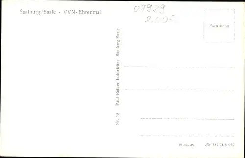 Ak Saalburg in Thüringen, VVN Ehrenmal