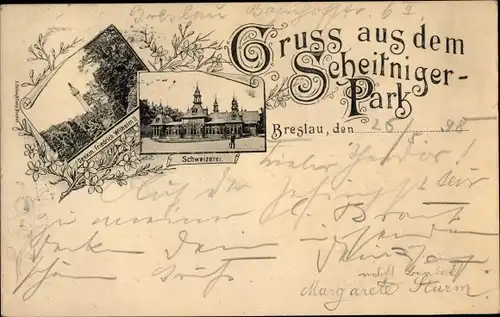Ak Breslau in Schlesien, Scheitniger Park, Denkmal Friedrich Wilhelm II., Schweizerei