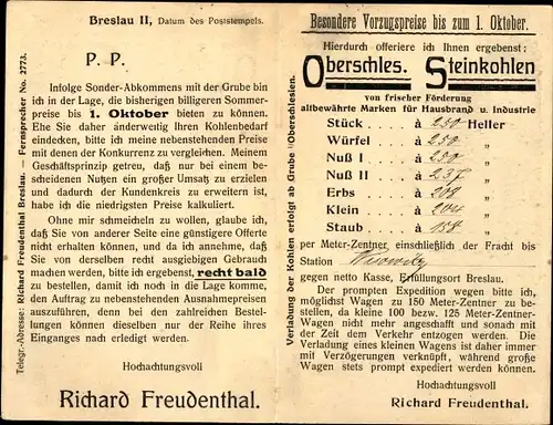 Klapp Ak Breslau in Schlesien, Kohlen Export Richard Freudenthal, Palmstraße 4, Bergmann unter Tage