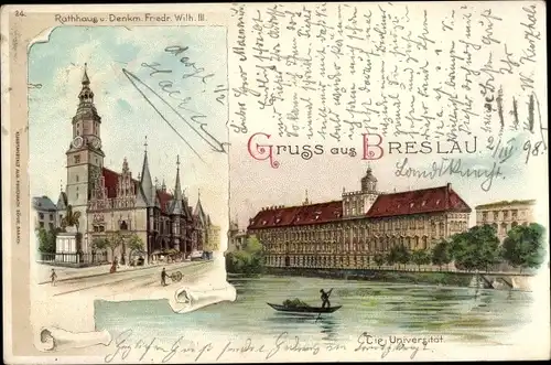 Litho Breslau Wrocław Schlesien, Die Universität, Rathaus und Denkmal Friedrich Wilhelm III.