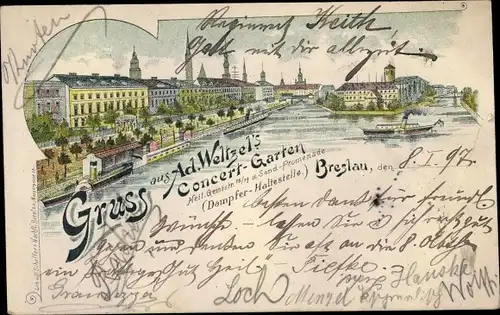 Litho Breslau (Wrocław) in Schlesien, Ad. Weltzel's Concert Garten, Dampferhaltestelle