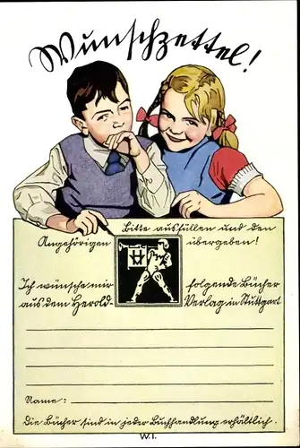 Künstler Ak Wunschzettel, bitte ausfüllen und den Angehörigen übergeben, Junge, Mädchen