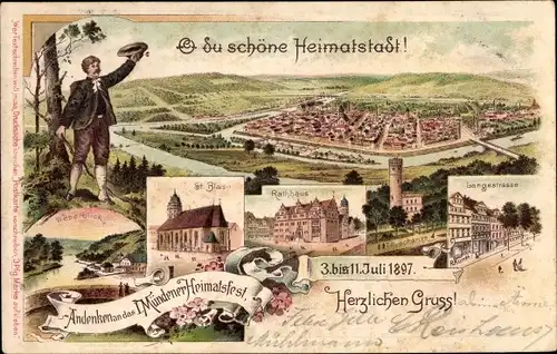 Litho Hann Münden in Niedersachsen, Totale, 1. Mündener Heimatfest 1897, Rathaus, Lange Straße