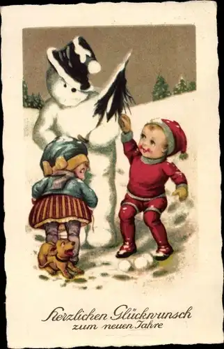 Ak Glückwunsch Neujahr, Schneemann, Kinder, Hund