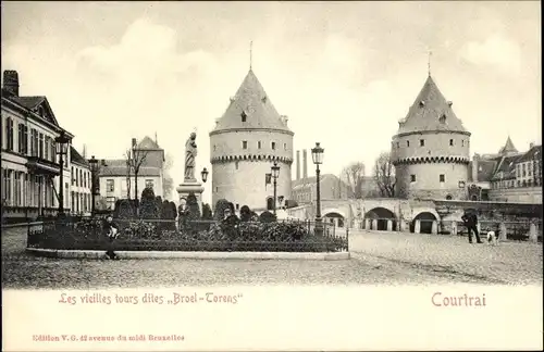 Ak Kortrijk Courtrai Westflandern, alte Türme, Broel-Torens