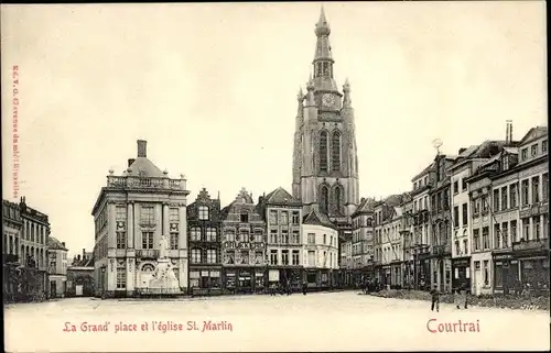 Ak Heule Kortrijk Courtrai Westflandern, Platz, Kirche St. Martin