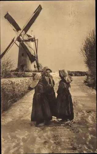 Ak Zeeland Niederlande, Windmühle, Kinder in niederländischen Volkstrachten, Winter