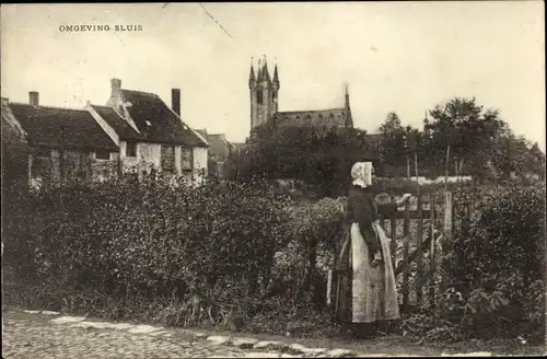 Ak Sluis Zeeland Niederlande, Dorfpartie, Kirche