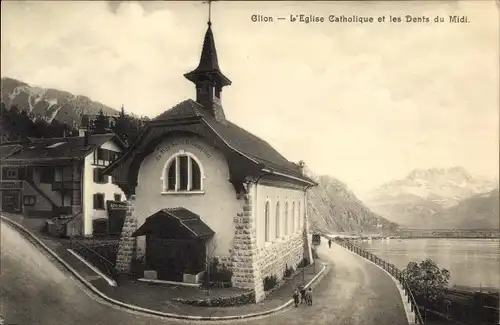 Ak Glion Kanton Waadt, L'Eglise Catholique, Straßenpartie, Dents du Midi