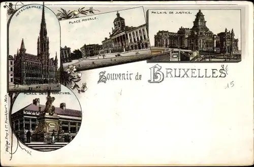 Litho Brüssel Brüssel, Place Royale, Justizpalast, Place des Martyrs, Rathaus