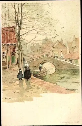 Künstler Litho Cassiers, Henri, Delft Südholland Niederlande, Kanalpartie, Trachten