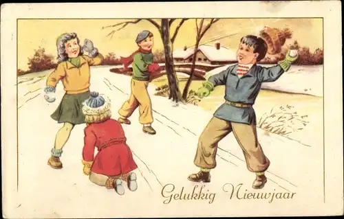Ak Glückwunsch Neujahr, Kinder, Schneeballschlacht