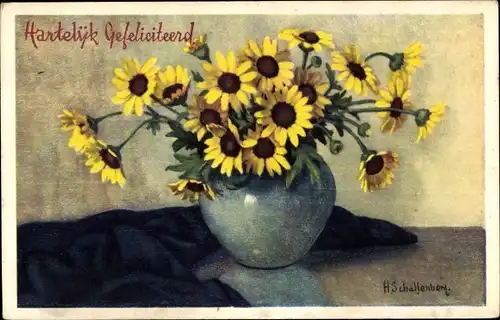 Künstler Ak Schallenberg, Glückwunsch Geburtstag, Blumenstrauß, Blumenvase